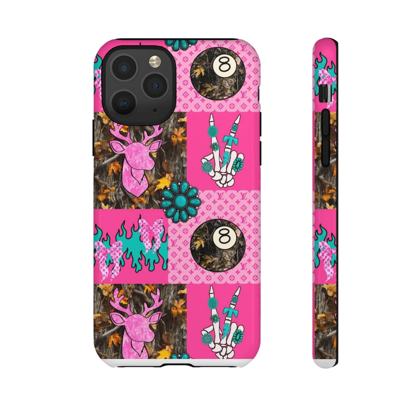Pink Country Patchwork Phone Case – Billiard 8-Ball, Deer & Skeleton Hand Design