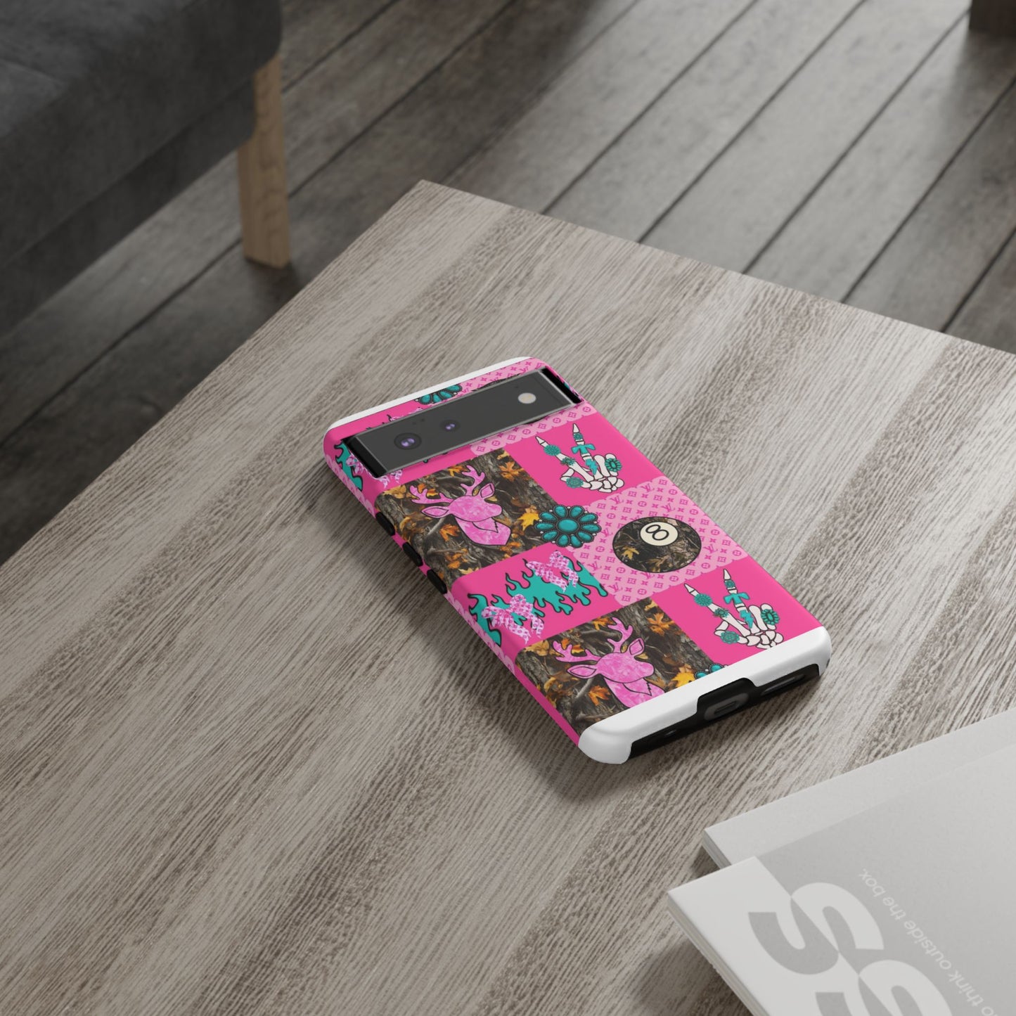 Pink Country Patchwork Phone Case – Billiard 8-Ball, Deer & Skeleton Hand Design