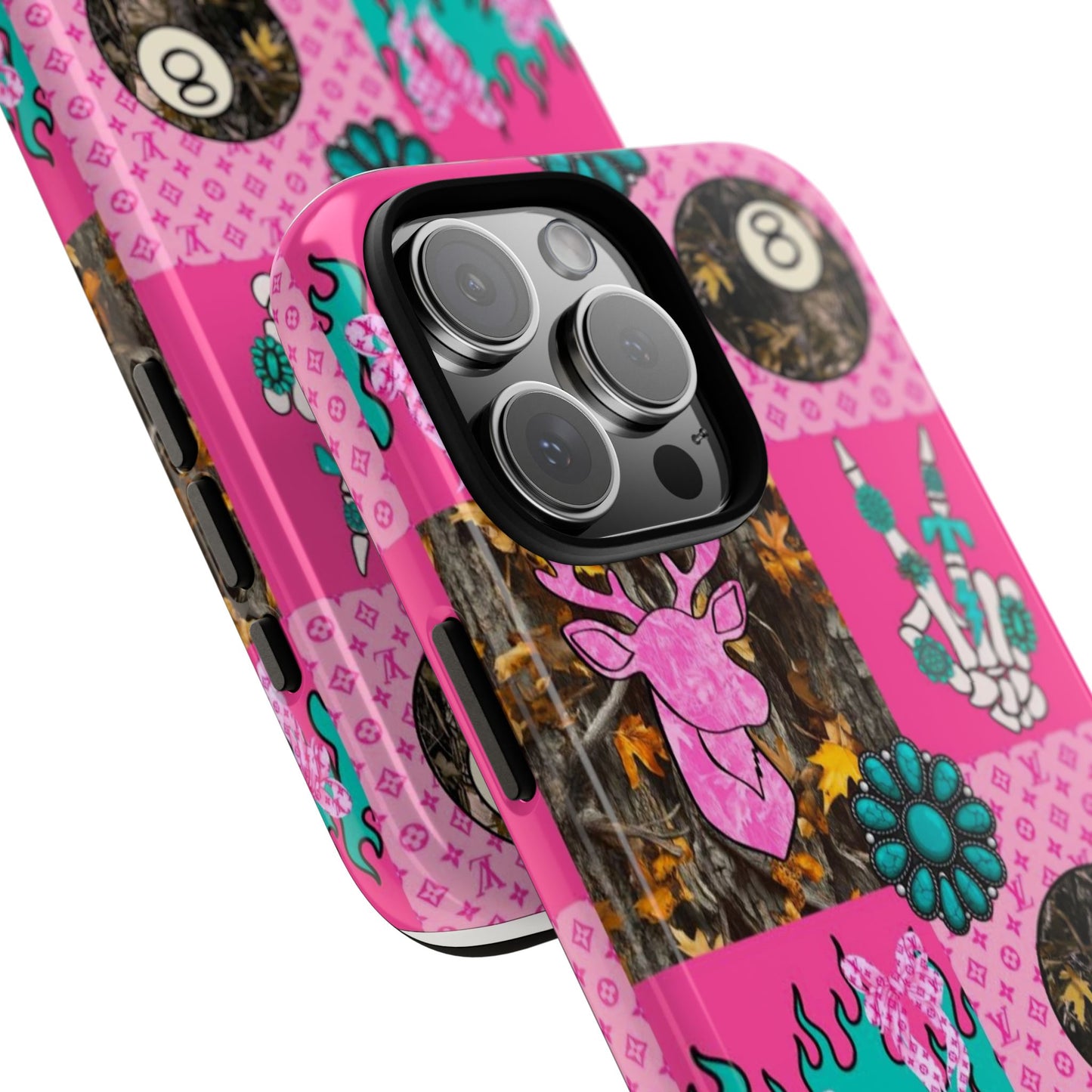 Pink Country Patchwork Phone Case – Billiard 8-Ball, Deer & Skeleton Hand Design