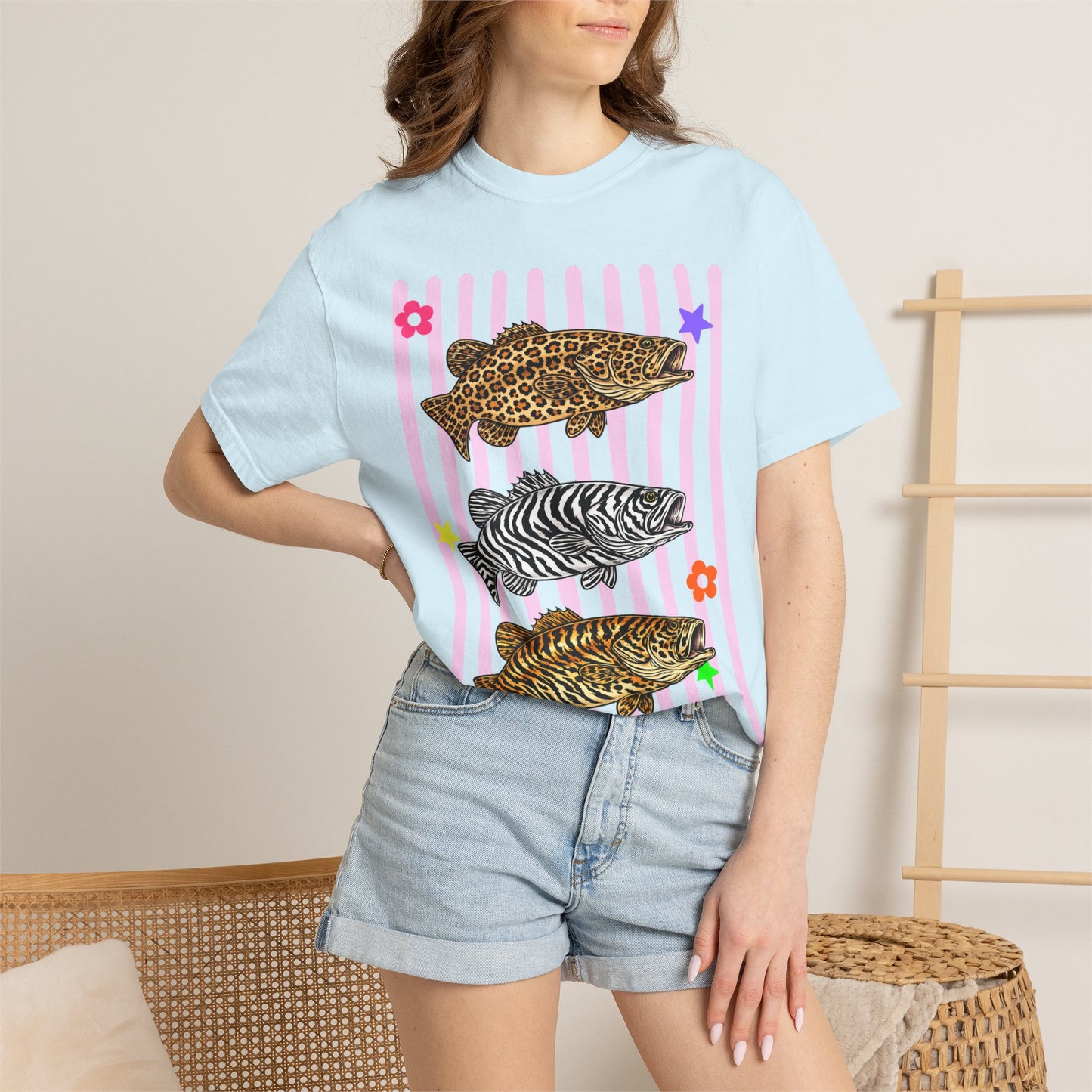 Leopard, Zebra & Tiger Fish Graphic T-Shirt — Cute Floral Striped Animal Print Tee