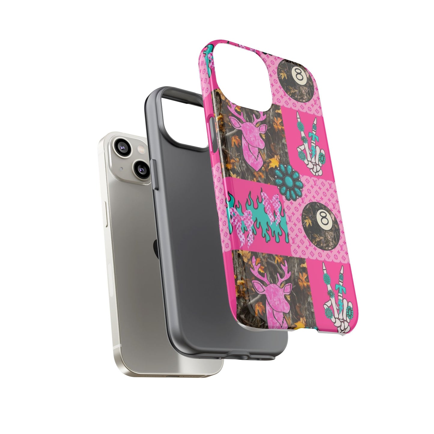 Pink Country Patchwork Phone Case – Billiard 8-Ball, Deer & Skeleton Hand Design