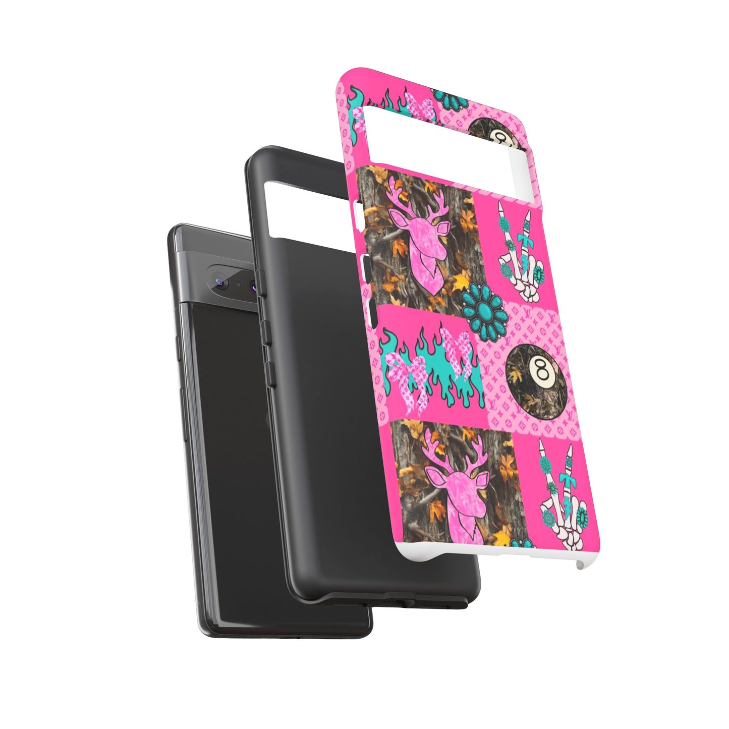 Pink Country Patchwork Phone Case – Billiard 8-Ball, Deer & Skeleton Hand Design