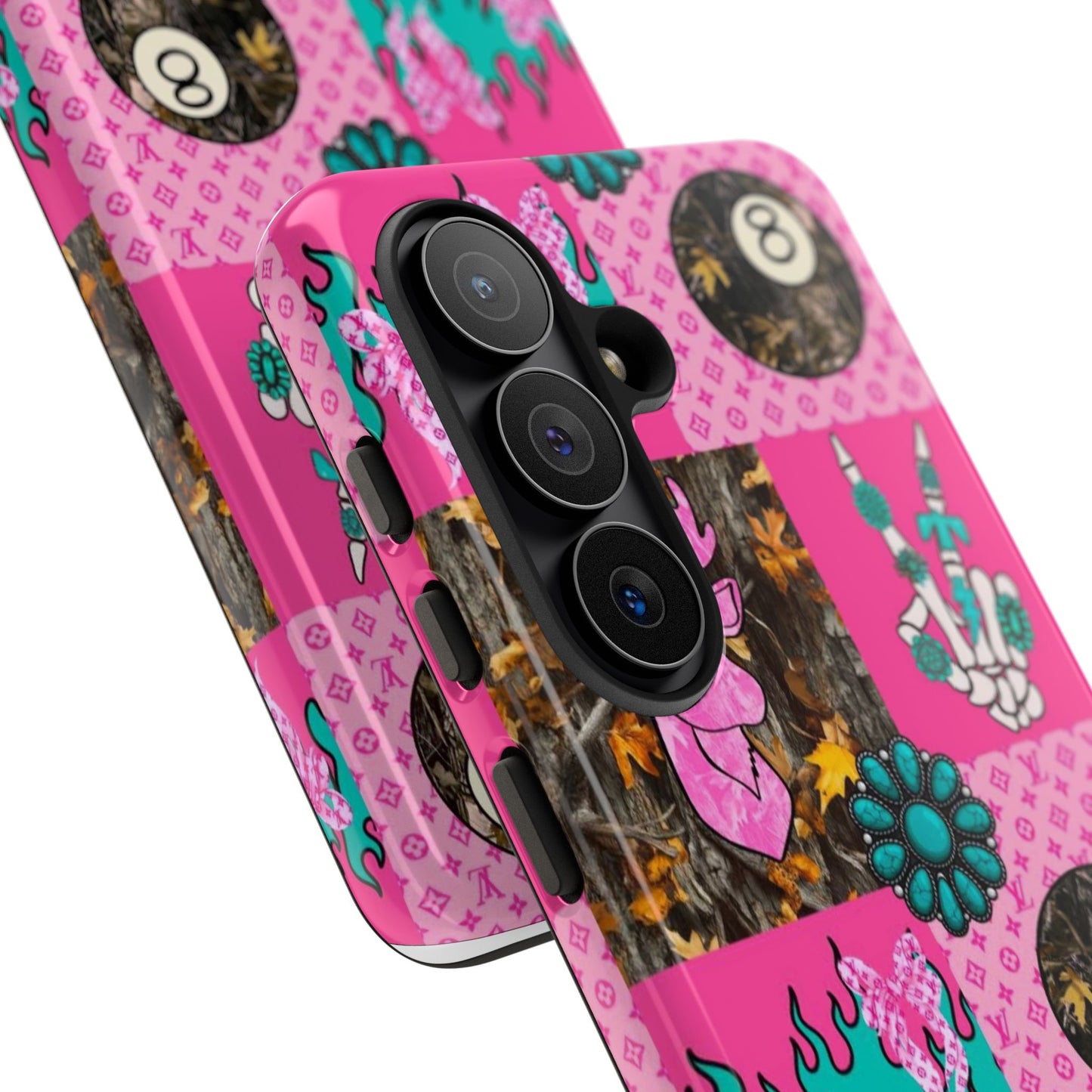 Pink Country Patchwork Phone Case – Billiard 8-Ball, Deer & Skeleton Hand Design