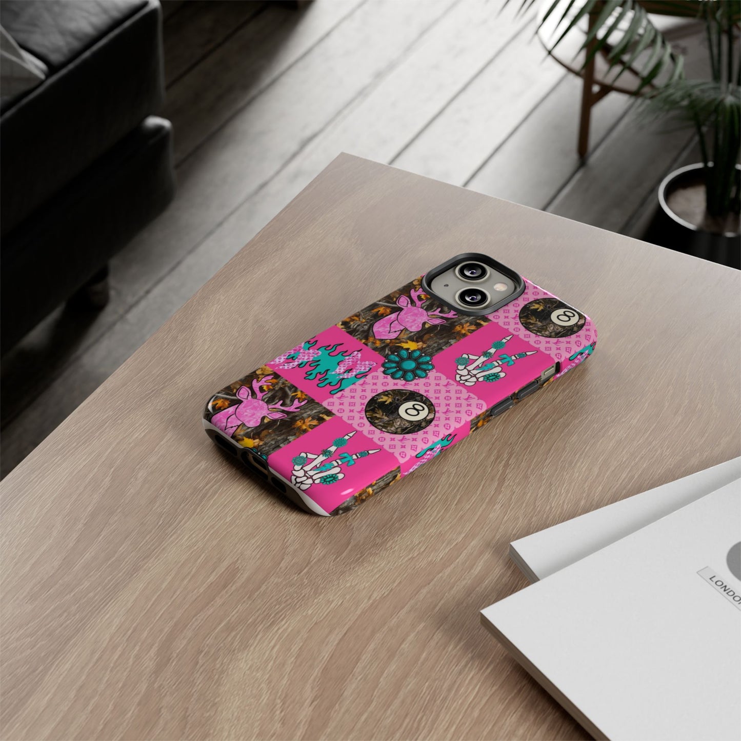 Pink Country Patchwork Phone Case – Billiard 8-Ball, Deer & Skeleton Hand Design