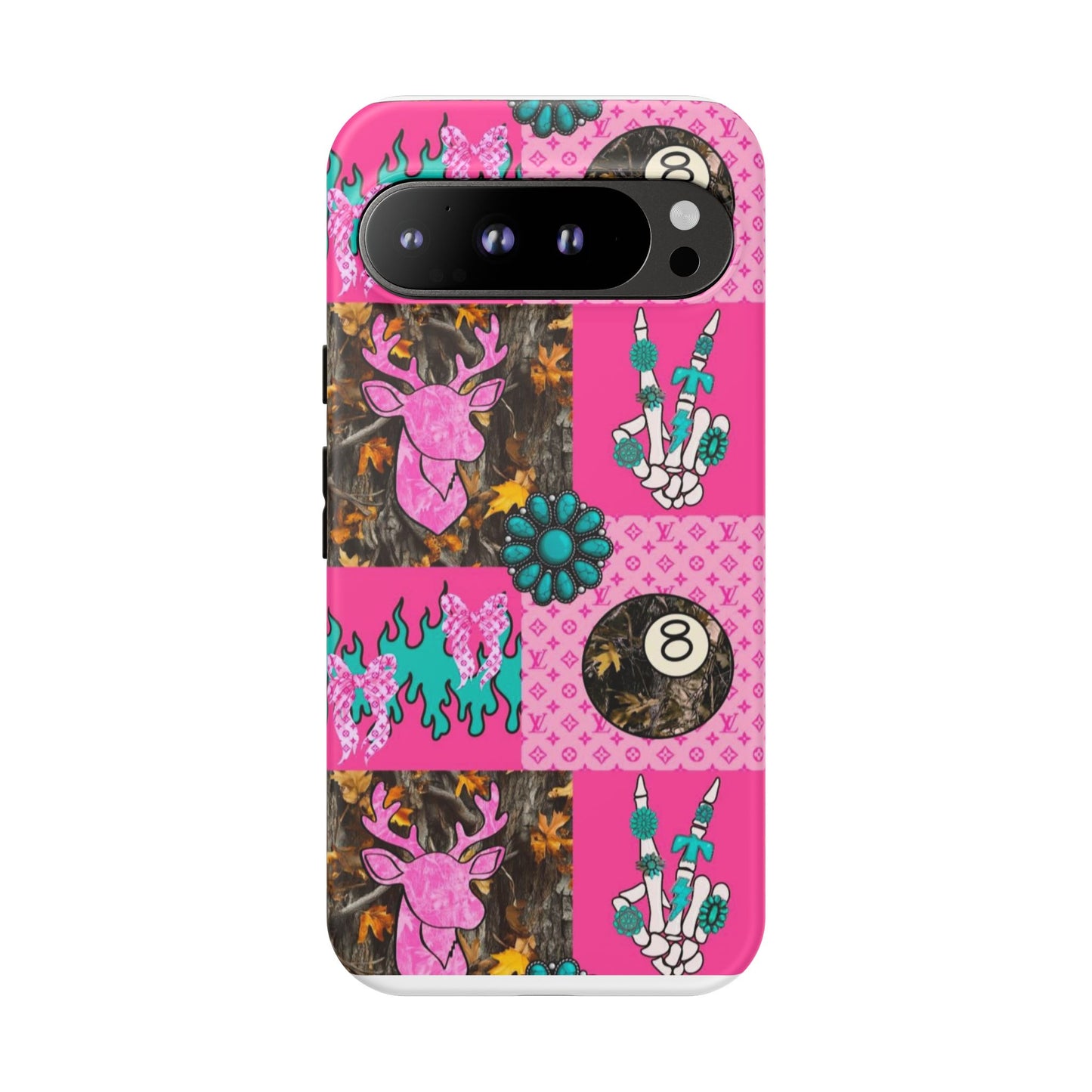 Pink Country Patchwork Phone Case – Billiard 8-Ball, Deer & Skeleton Hand Design