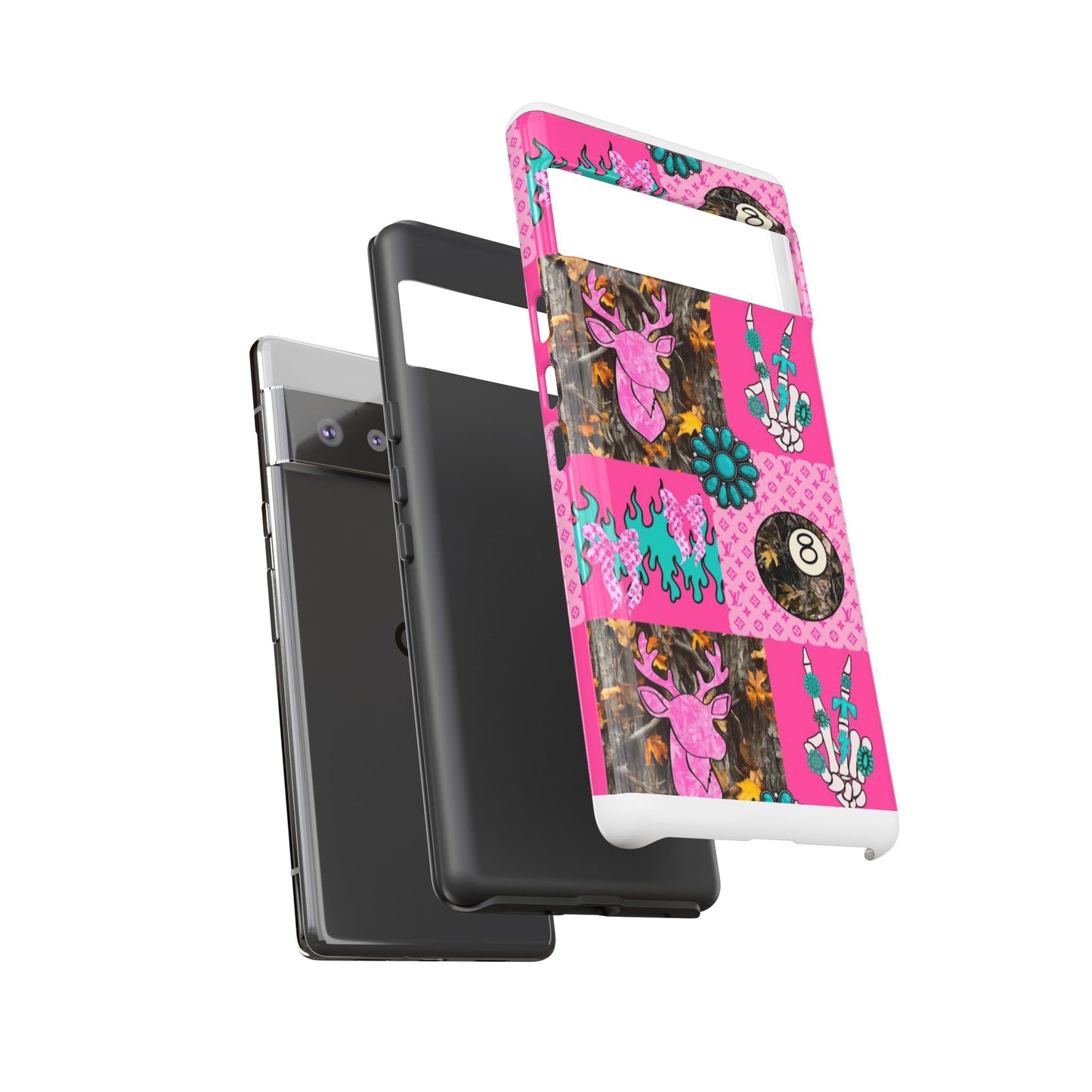 Pink Country Patchwork Phone Case – Billiard 8-Ball, Deer & Skeleton Hand Design