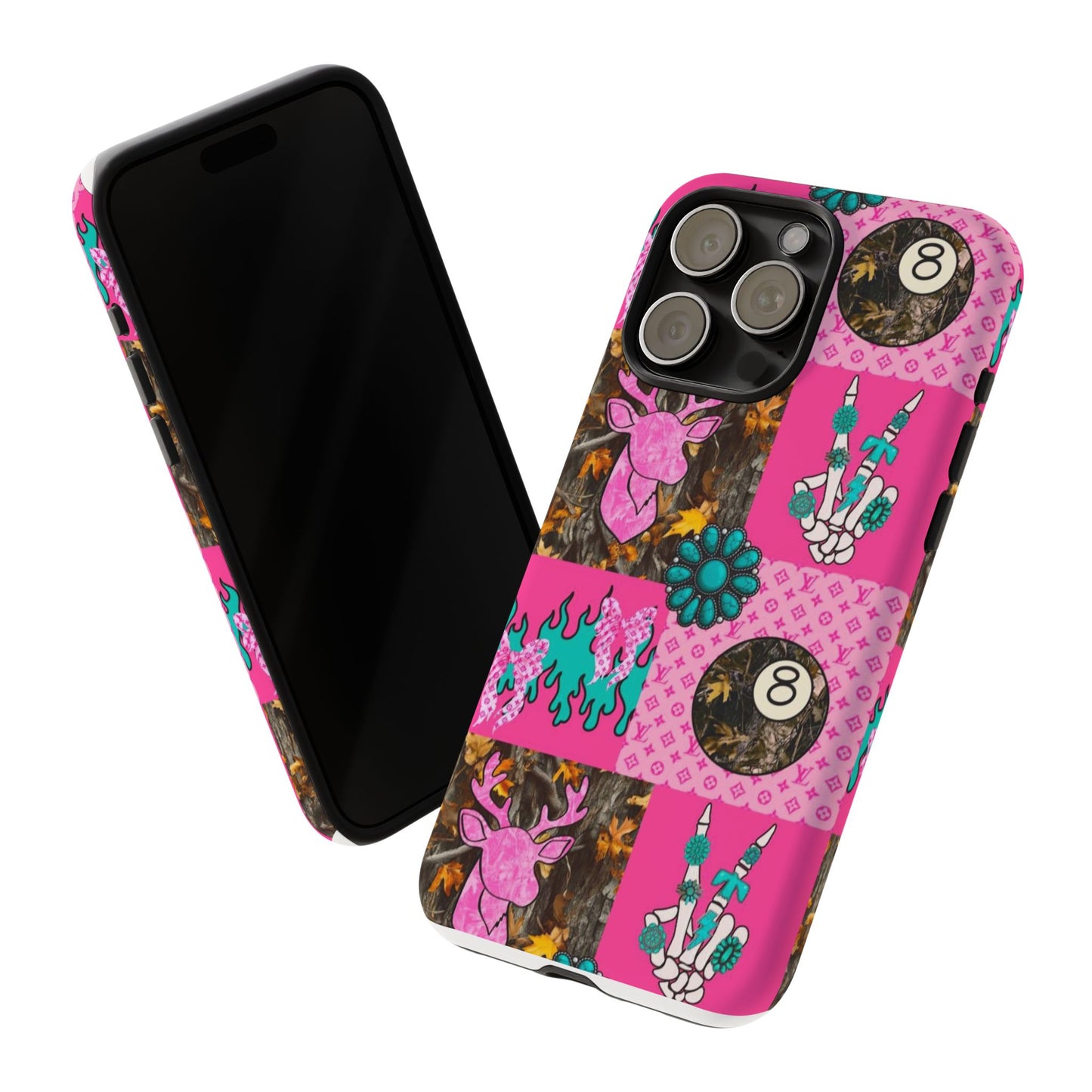 Pink Country Patchwork Phone Case – Billiard 8-Ball, Deer & Skeleton Hand Design