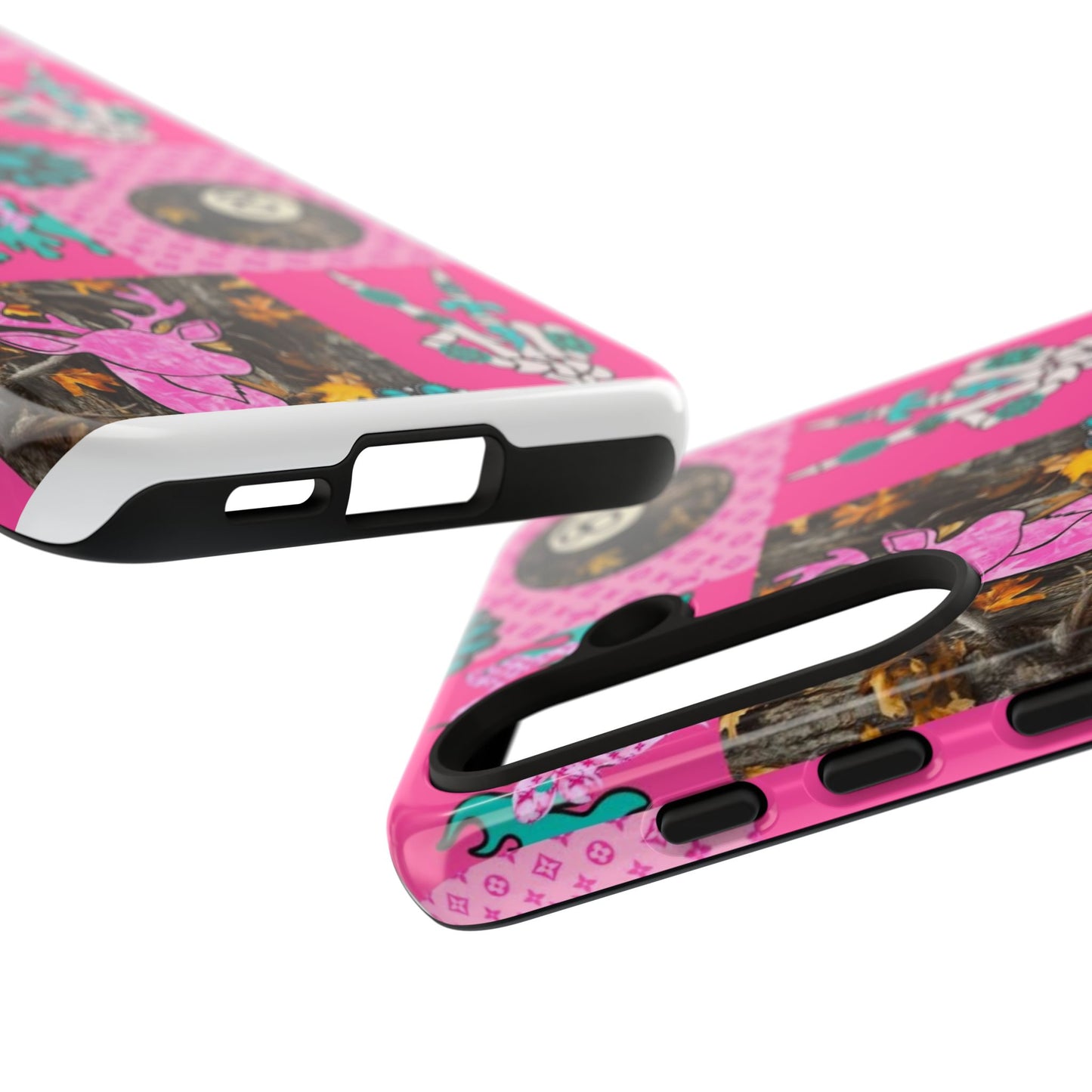Pink Country Patchwork Phone Case – Billiard 8-Ball, Deer & Skeleton Hand Design
