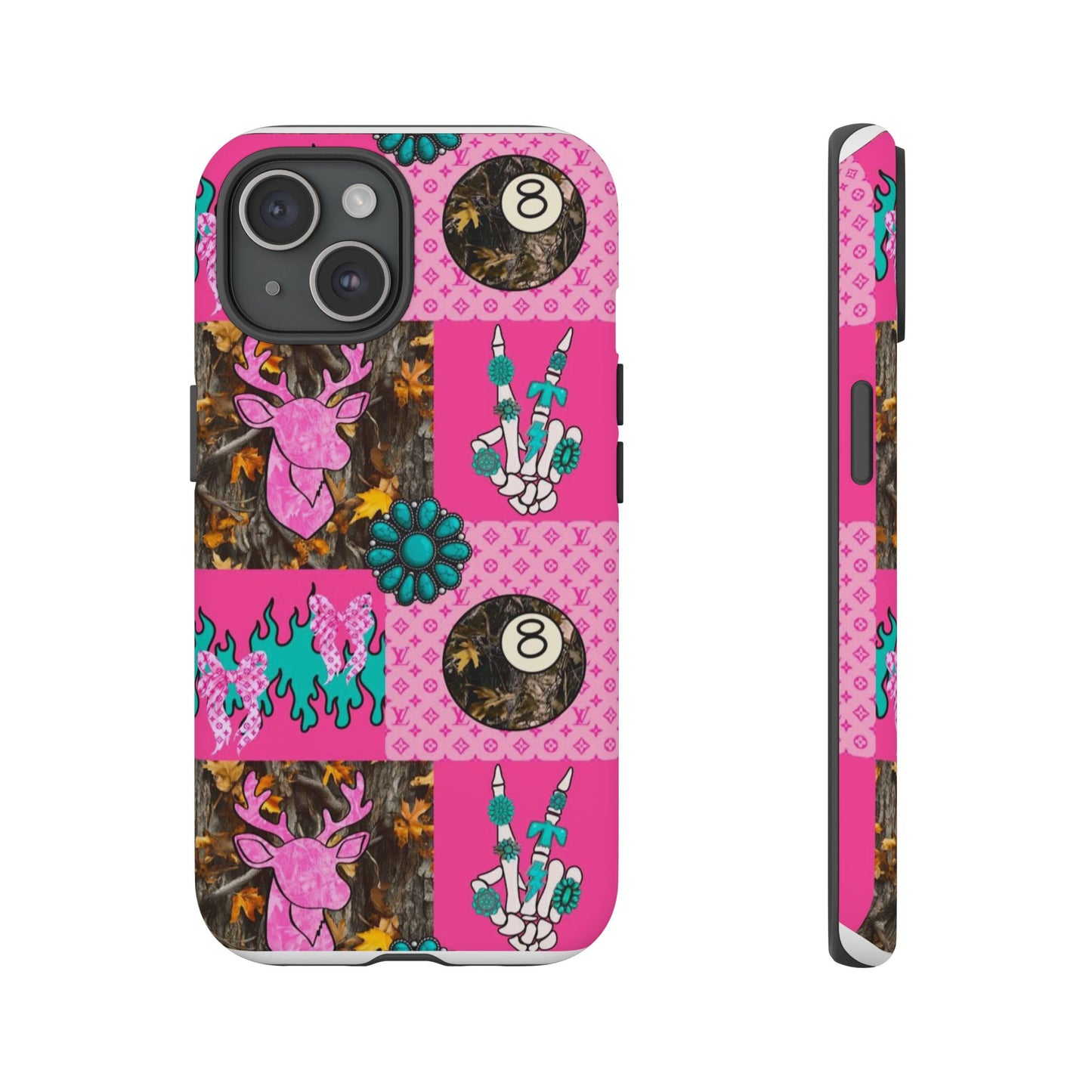 Pink Country Patchwork Phone Case – Billiard 8-Ball, Deer & Skeleton Hand Design