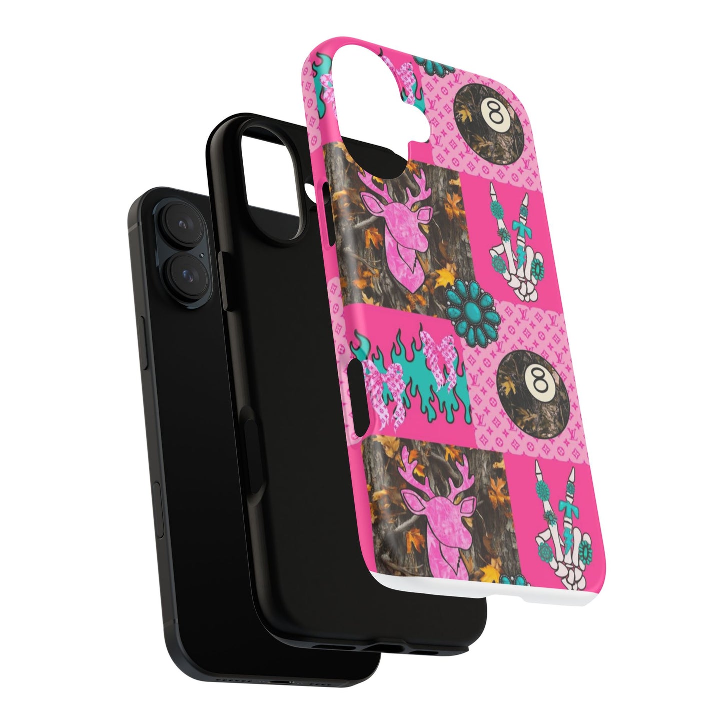 Pink Country Patchwork Phone Case – Billiard 8-Ball, Deer & Skeleton Hand Design