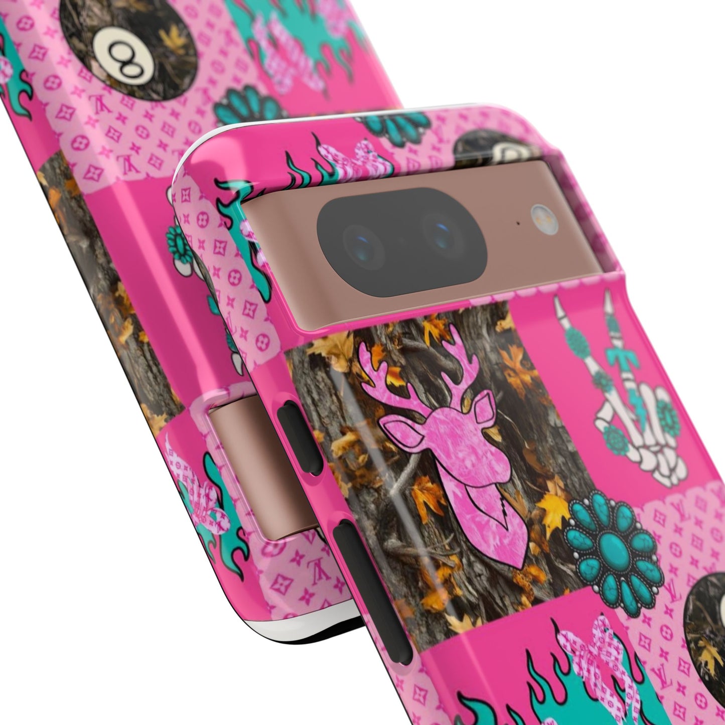 Pink Country Patchwork Phone Case – Billiard 8-Ball, Deer & Skeleton Hand Design