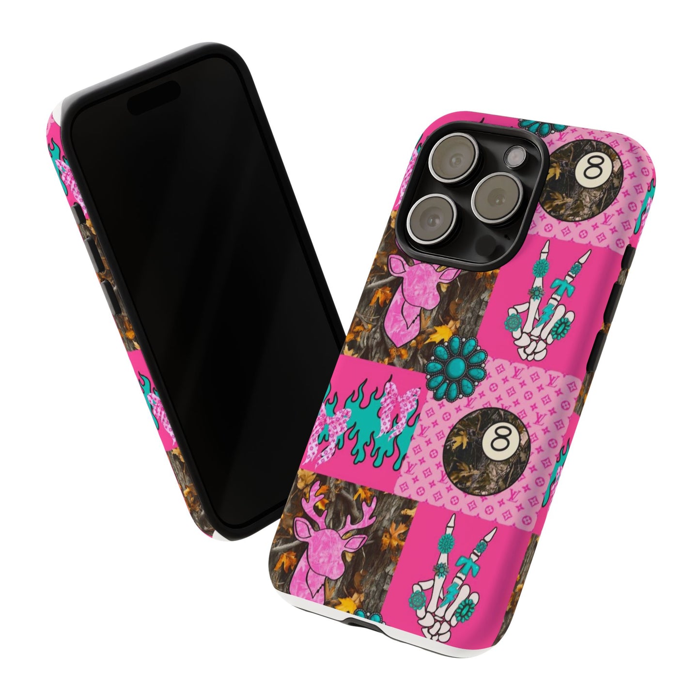 Pink Country Patchwork Phone Case – Billiard 8-Ball, Deer & Skeleton Hand Design