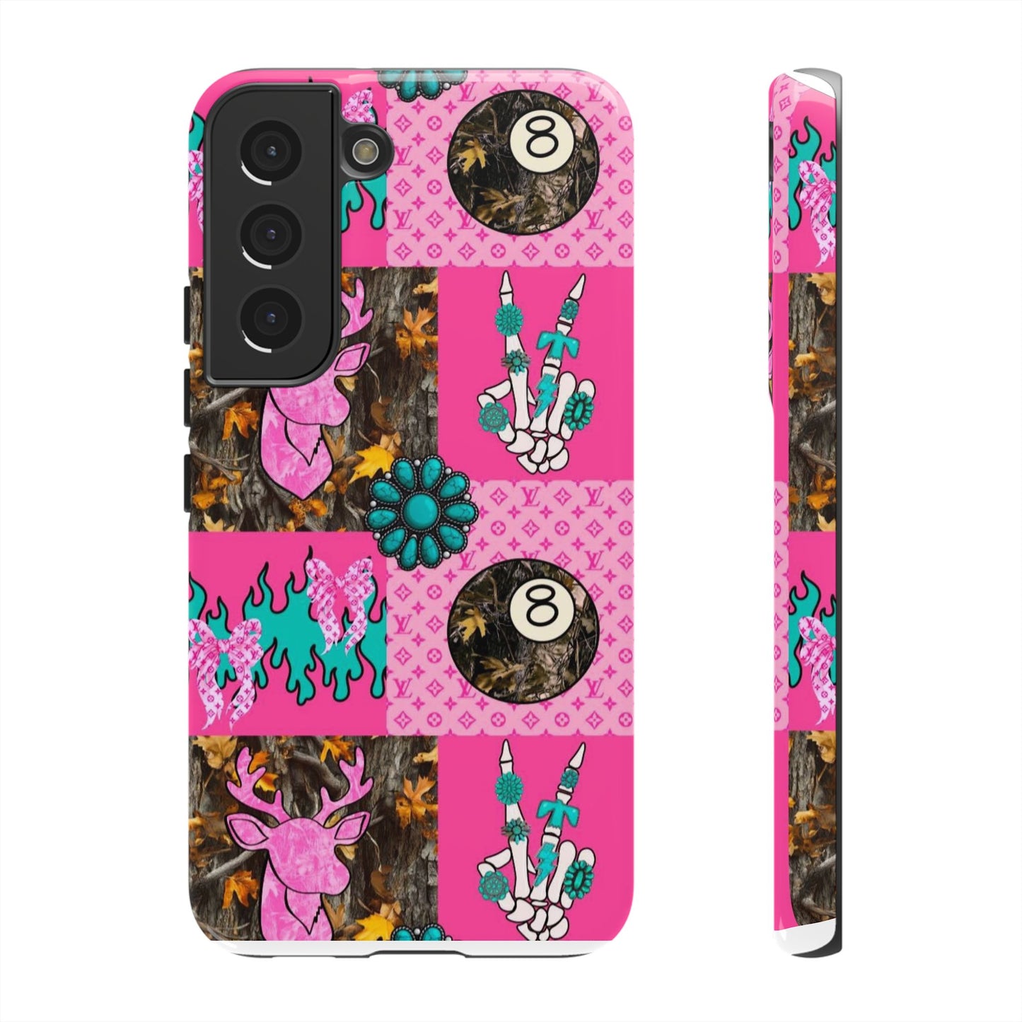 Pink Country Patchwork Phone Case – Billiard 8-Ball, Deer & Skeleton Hand Design