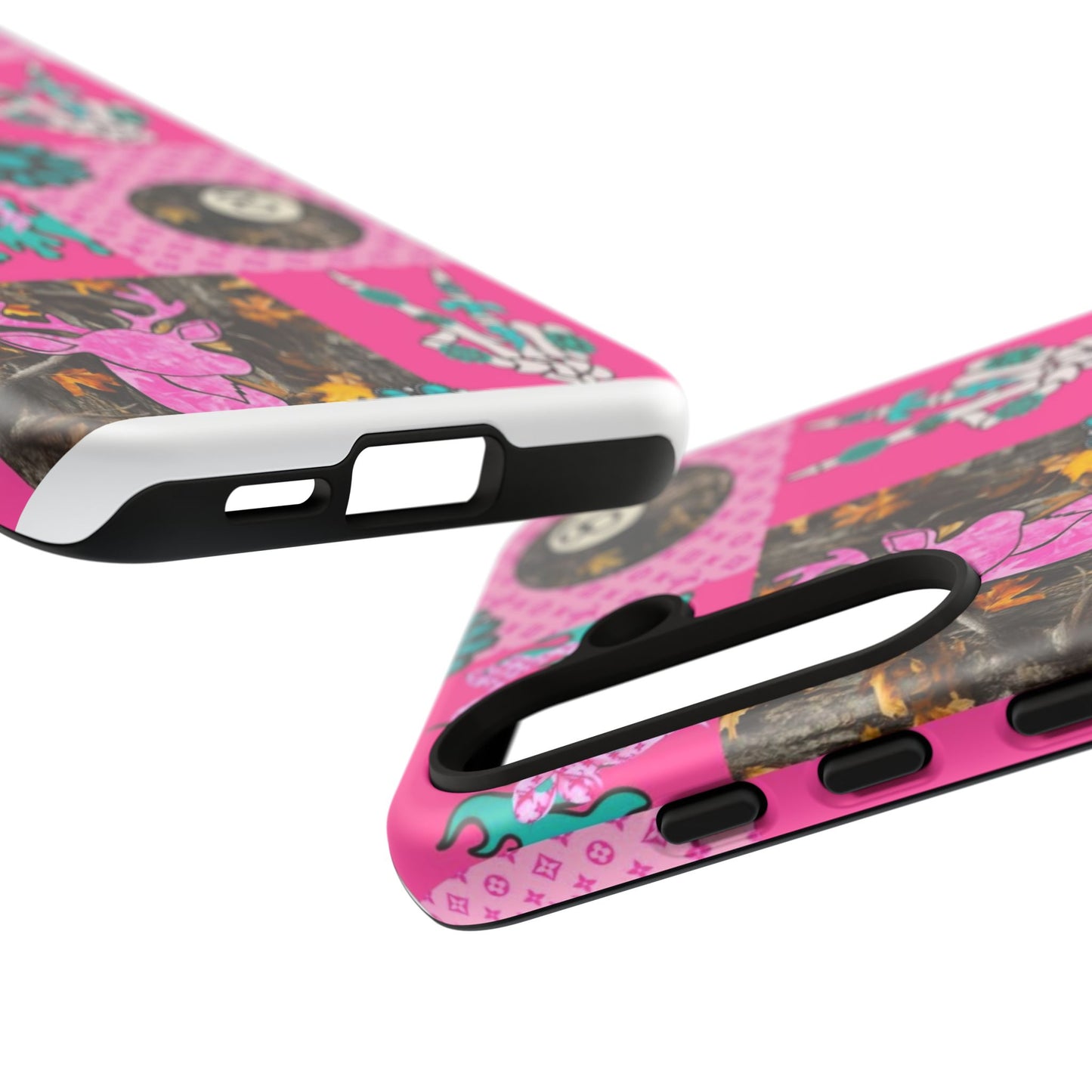 Pink Country Patchwork Phone Case – Billiard 8-Ball, Deer & Skeleton Hand Design