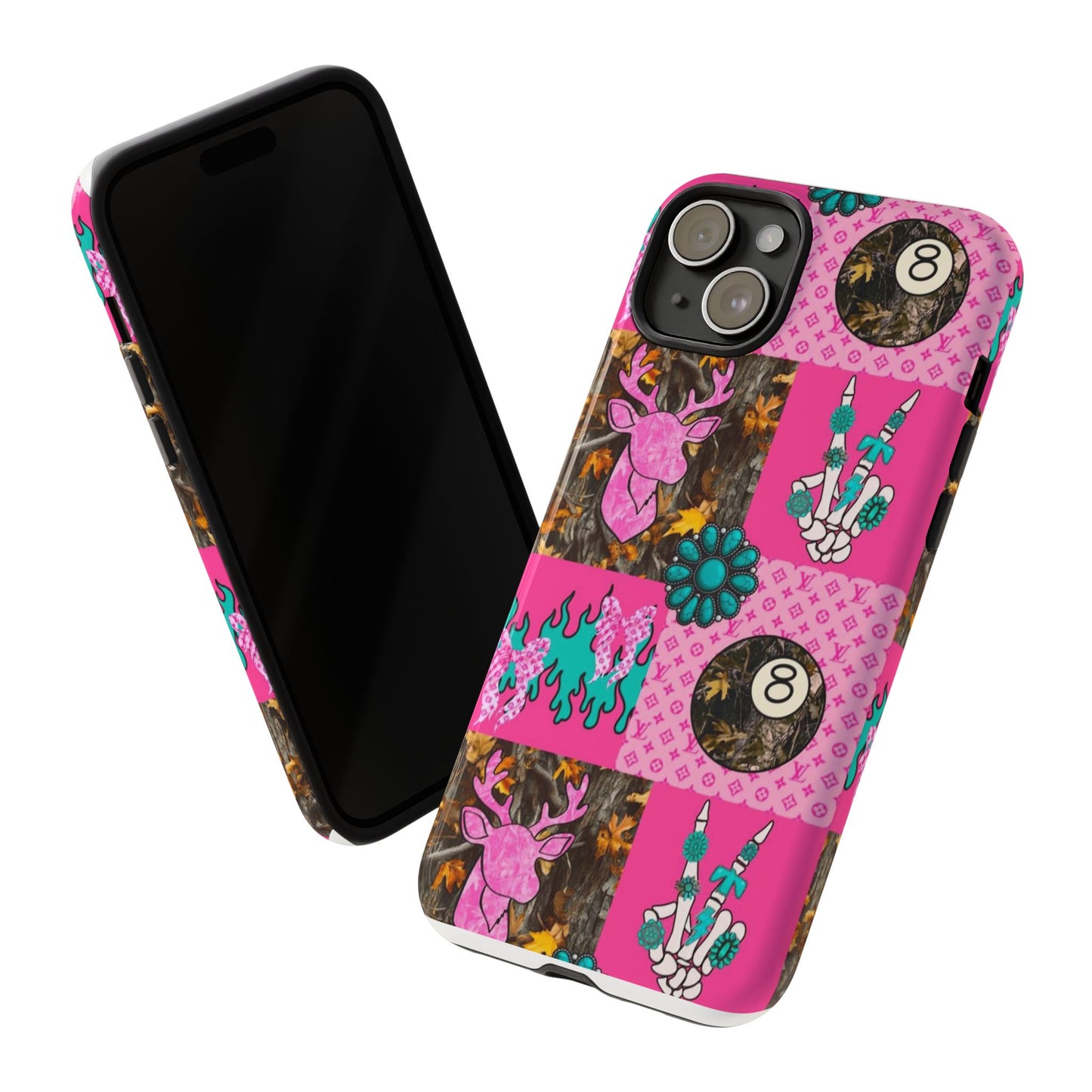Pink Country Patchwork Phone Case – Billiard 8-Ball, Deer & Skeleton Hand Design