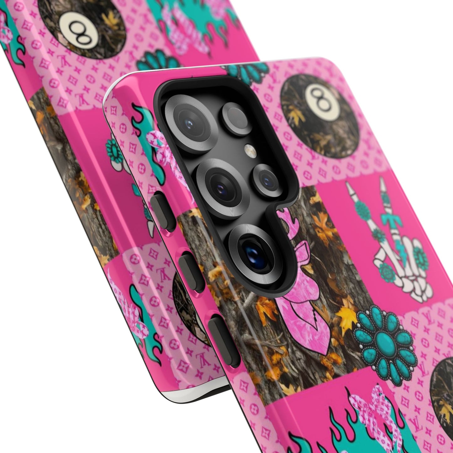 Pink Country Patchwork Phone Case – Billiard 8-Ball, Deer & Skeleton Hand Design