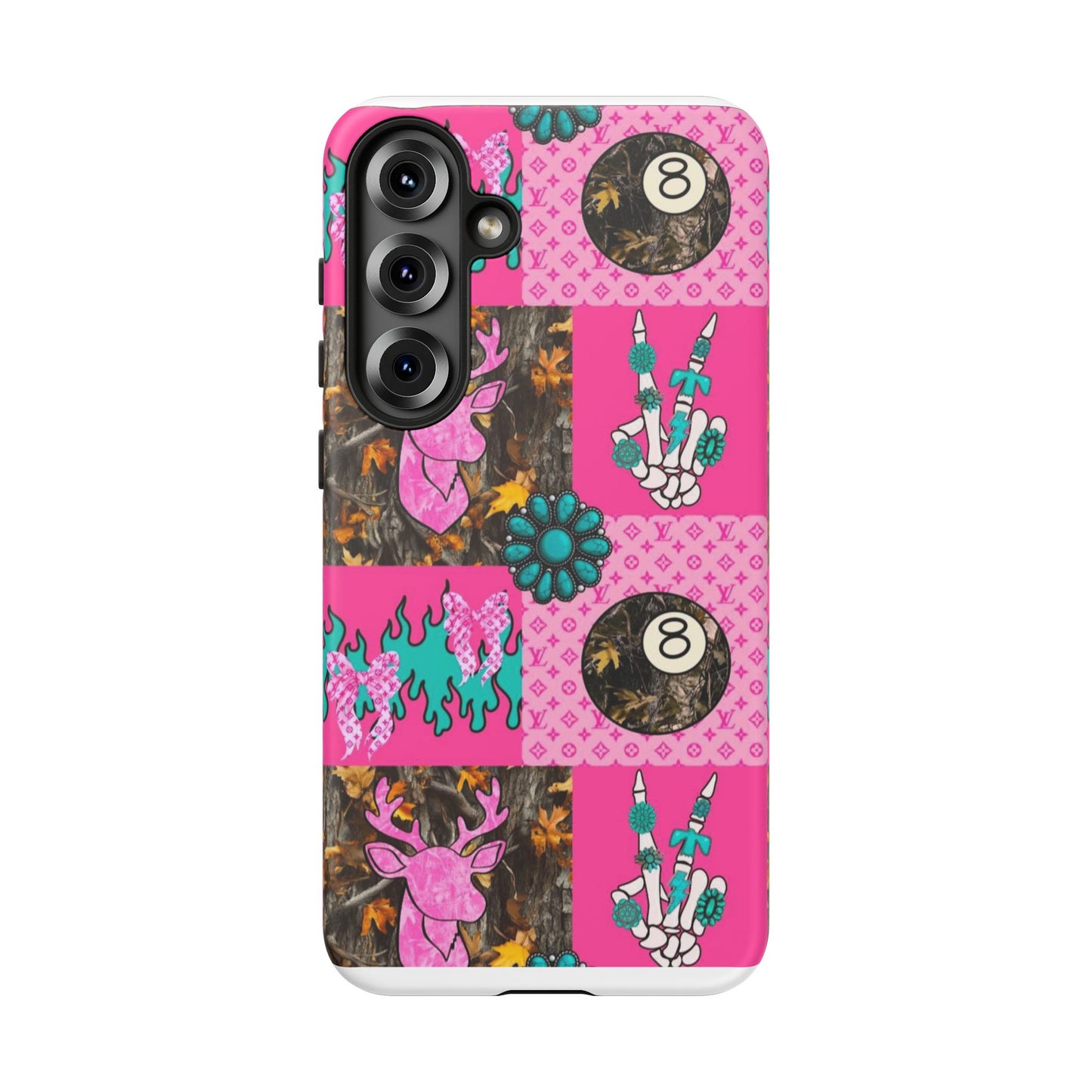 Pink Country Patchwork Phone Case – Billiard 8-Ball, Deer & Skeleton Hand Design
