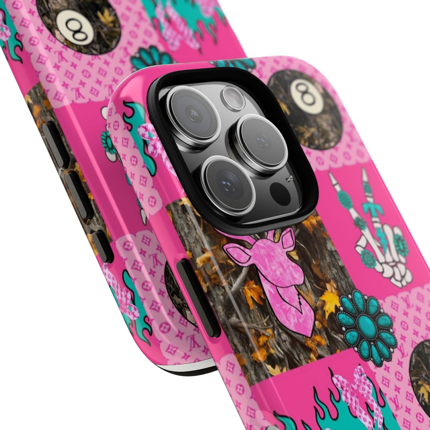 Pink Country Patchwork Phone Case – Billiard 8-Ball, Deer & Skeleton Hand Design