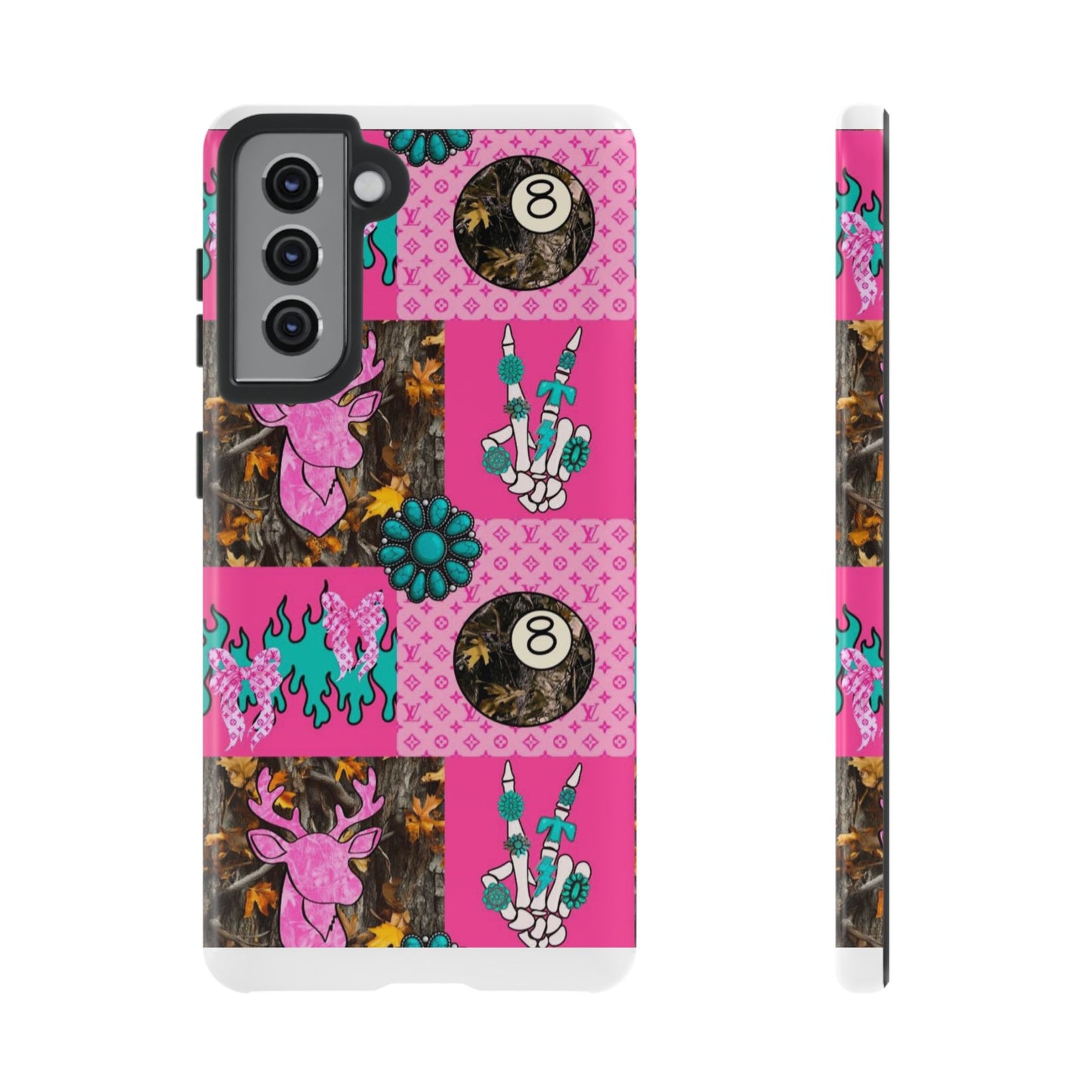 Pink Country Patchwork Phone Case – Billiard 8-Ball, Deer & Skeleton Hand Design
