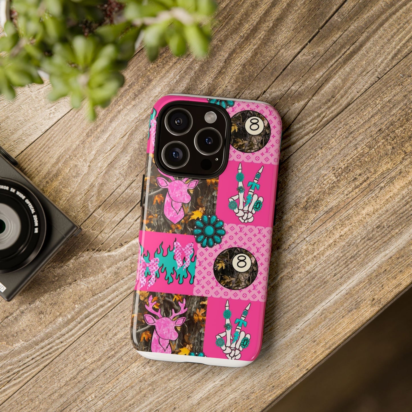 Pink Country Patchwork Phone Case – Billiard 8-Ball, Deer & Skeleton Hand Design