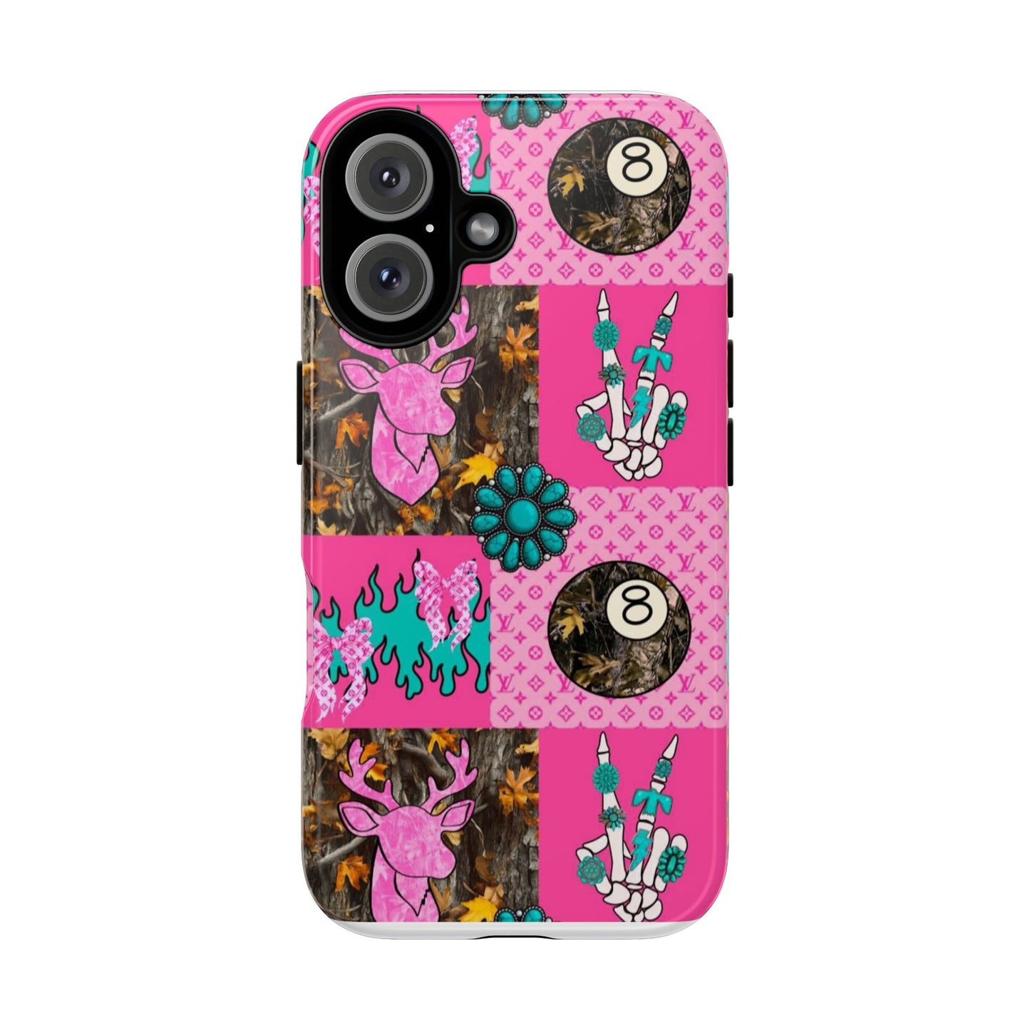 Pink Country Patchwork Phone Case – Billiard 8-Ball, Deer & Skeleton Hand Design