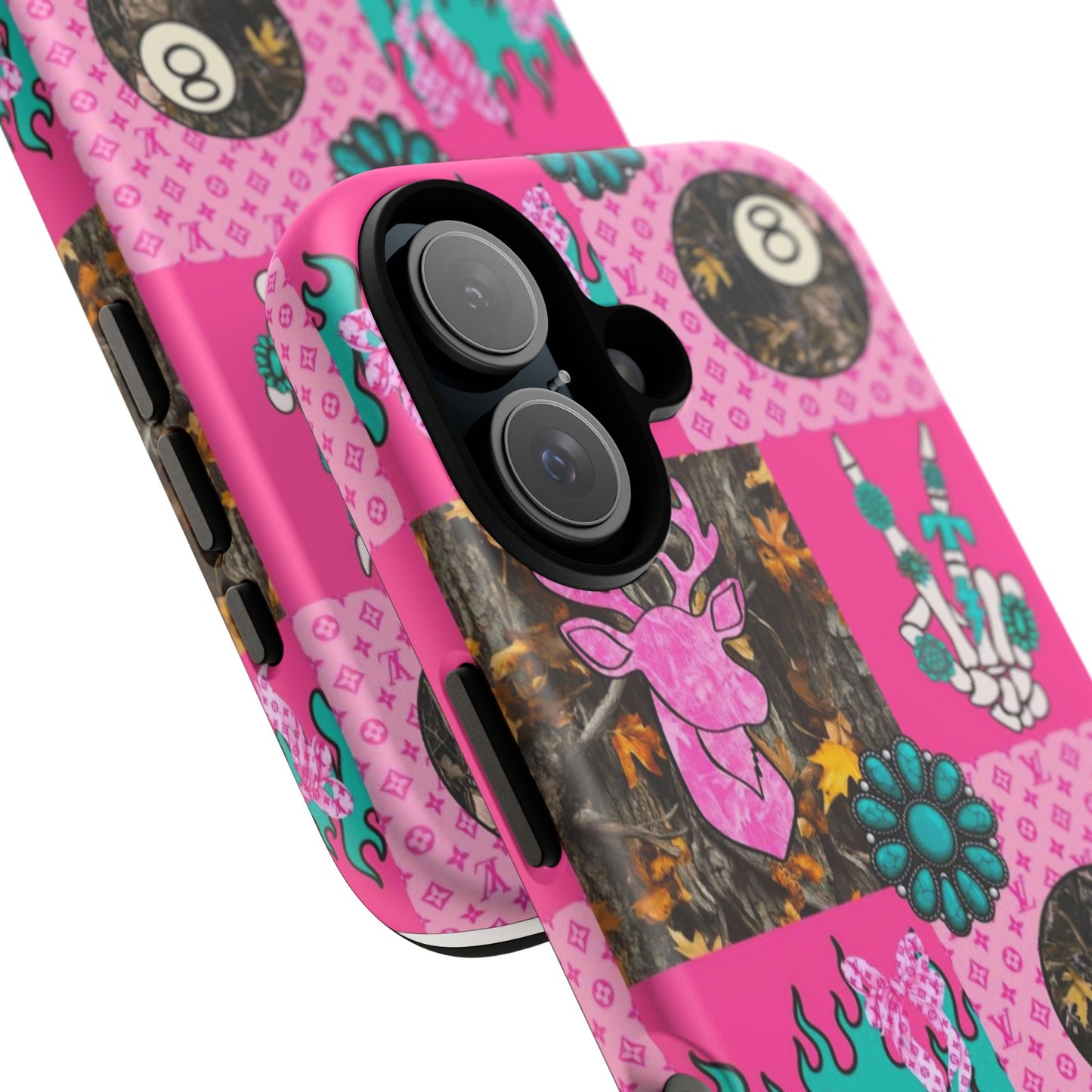Pink Country Patchwork Phone Case – Billiard 8-Ball, Deer & Skeleton Hand Design