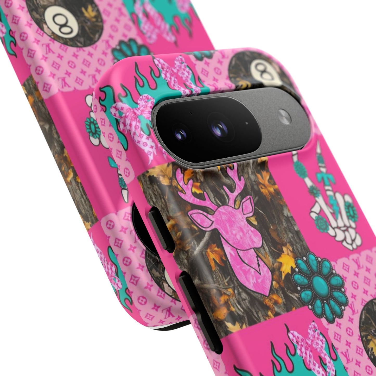 Pink Country Patchwork Phone Case – Billiard 8-Ball, Deer & Skeleton Hand Design