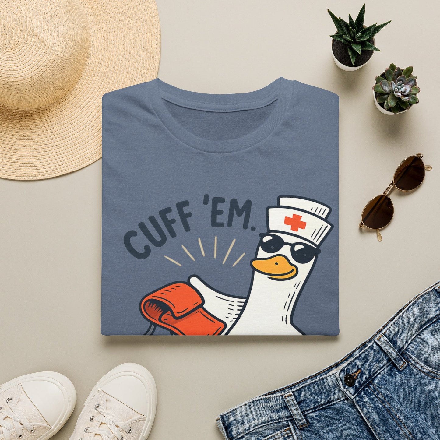 Nurse Goose "Cuff 'Em" T-Shirt — Funny Medical Humor Tee for Nurses & EMTs