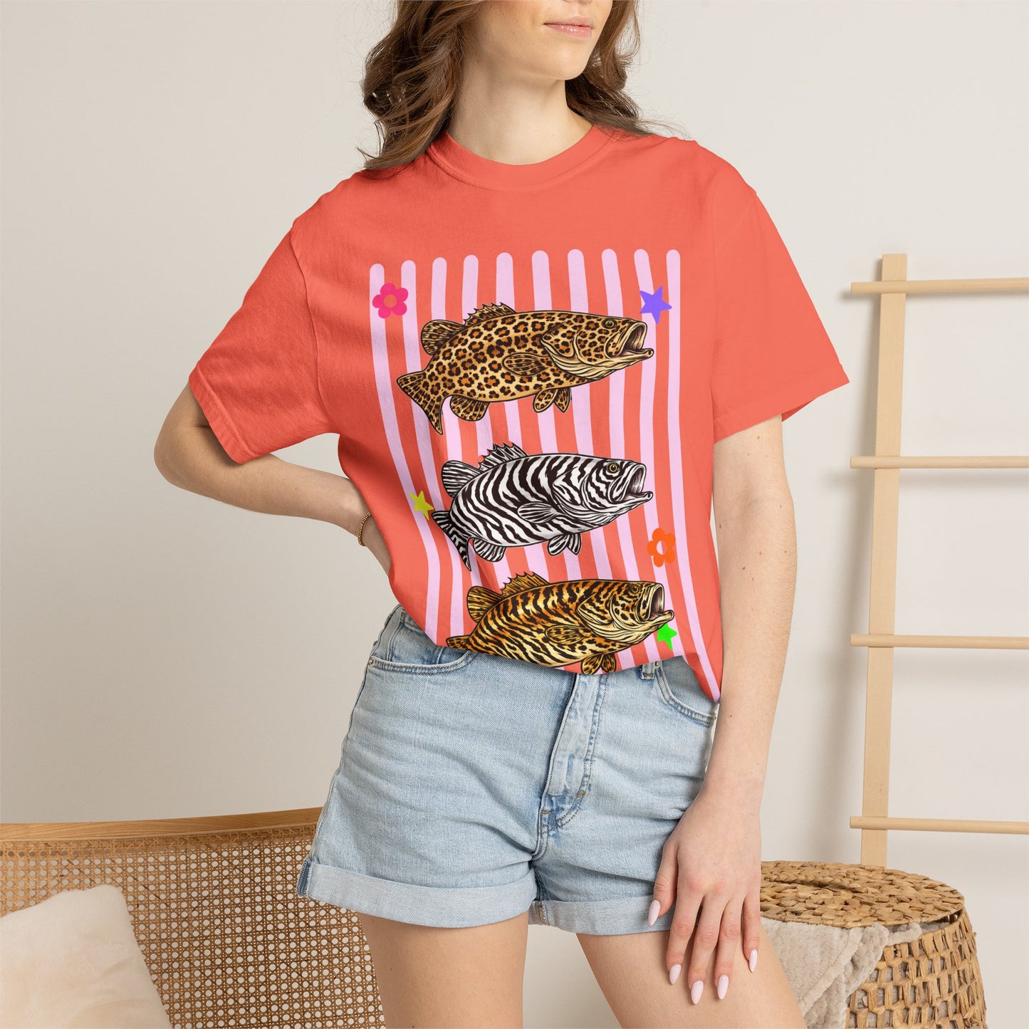 Leopard, Zebra & Tiger Fish Graphic T-Shirt — Cute Floral Striped Animal Print Tee