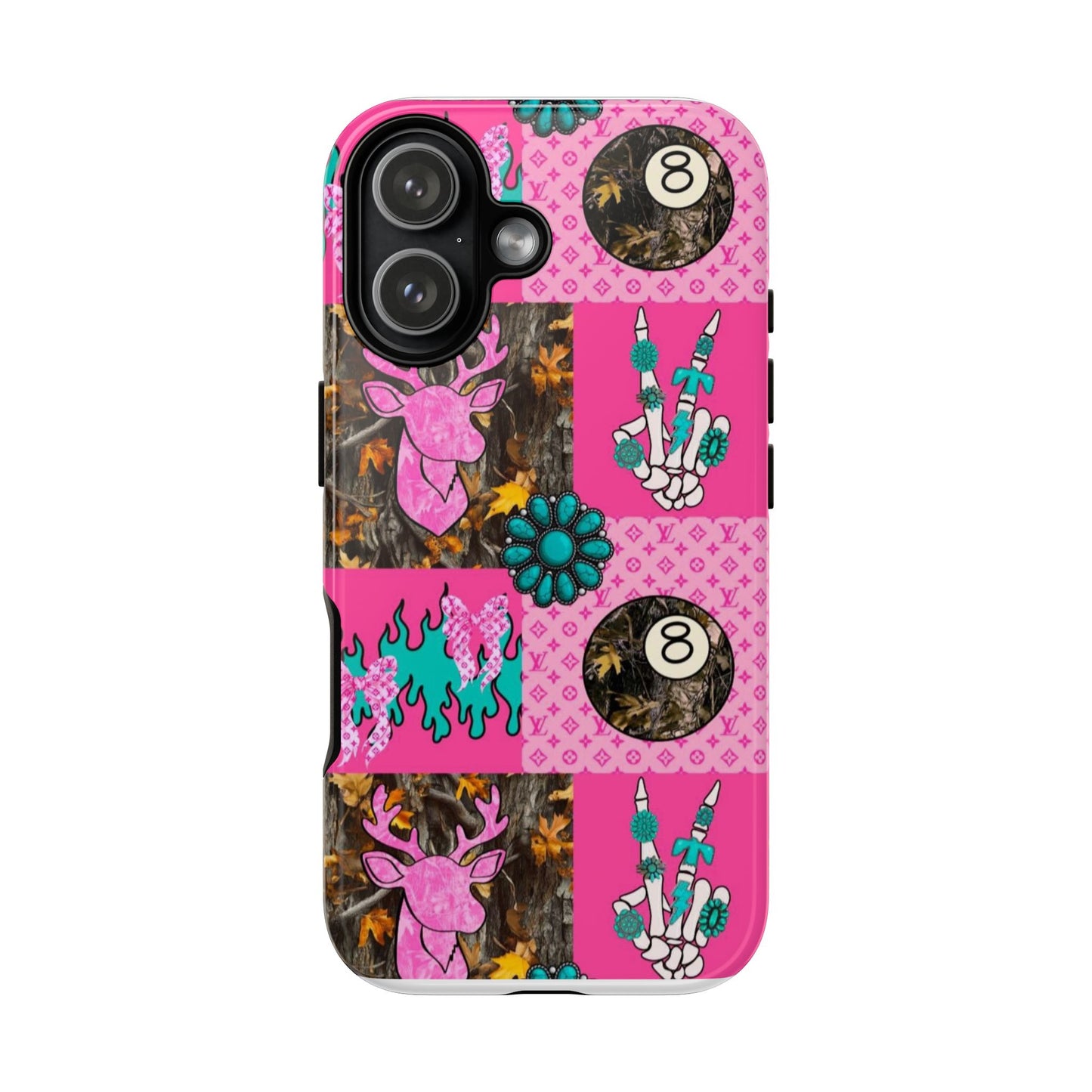 Pink Country Patchwork Phone Case – Billiard 8-Ball, Deer & Skeleton Hand Design