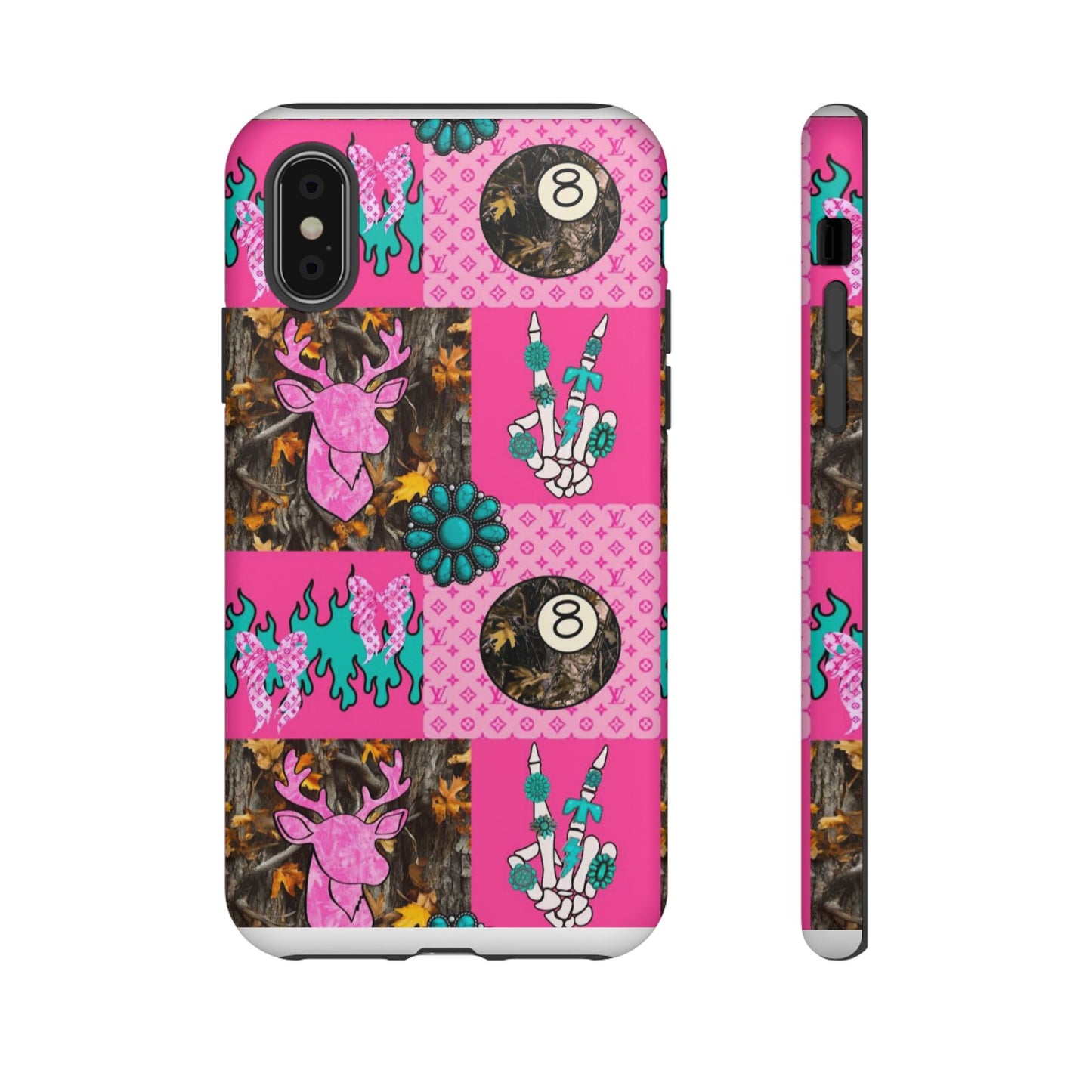 Pink Country Patchwork Phone Case – Billiard 8-Ball, Deer & Skeleton Hand Design